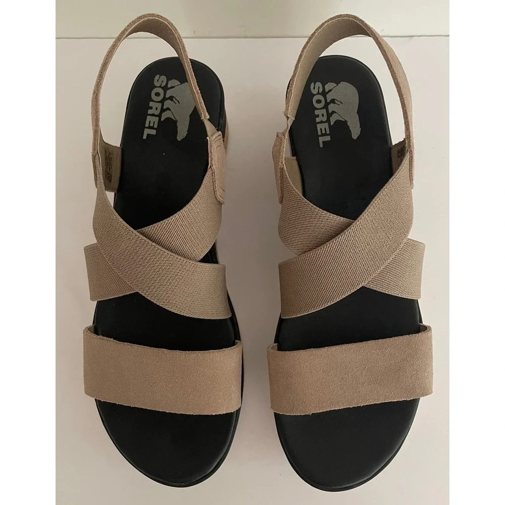 Sorel Cameron Flatform Sandal Taupe Suede Wedge Strappy Comfort Travel Chic 9.5